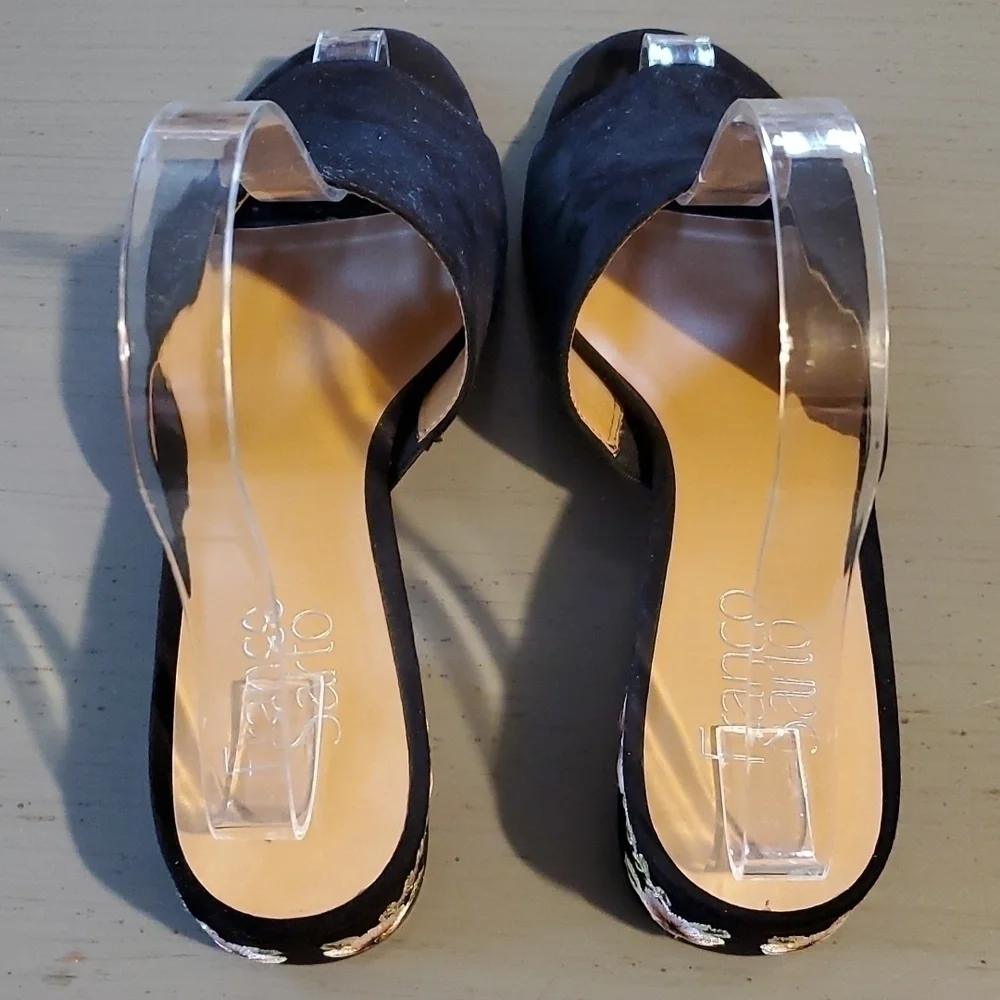 Franco Sarto-  Slides sandal Black Suede embroidered heels slip on women's 7.5